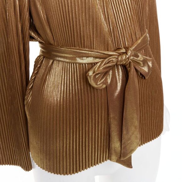 HALSTON HERITAGE gold accordion pleated gathered shoulder tie goddess top US10 L